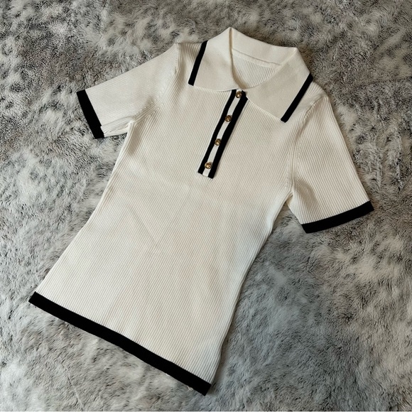 Commense Contrast Trim Metal Button Knit Top - White/Black - Size XS - NWT - Picture 4 of 8
